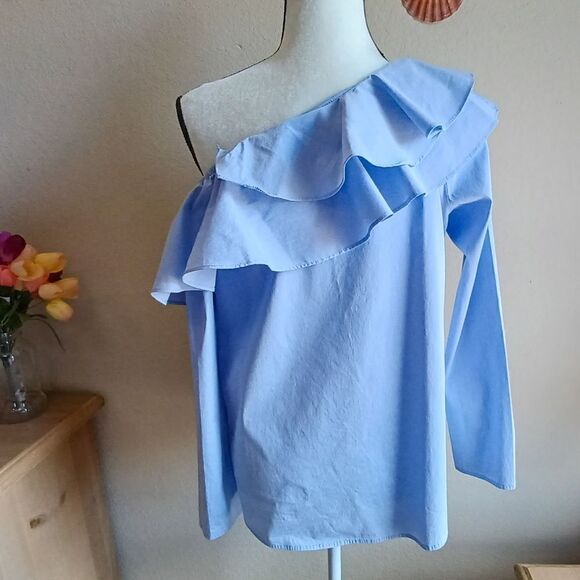 Calvin Klein Blue One Shoulder Ruffle Blouse - Picture 5 of 8